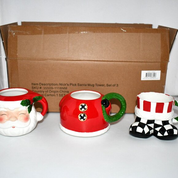 MacKenzie-Childs Nick's Pick Santa Mug Tower, Set of 3 #35509-1118NM NWT - Picture 3 of 6